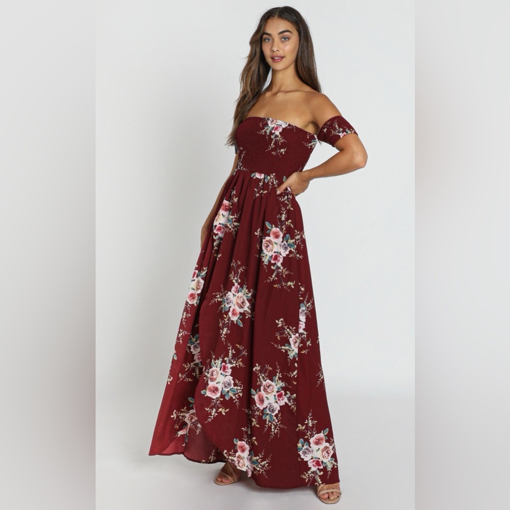 Showpo. Lovestruck Wine Floral Asymmetrical Cap Sleeve Maxi Dress